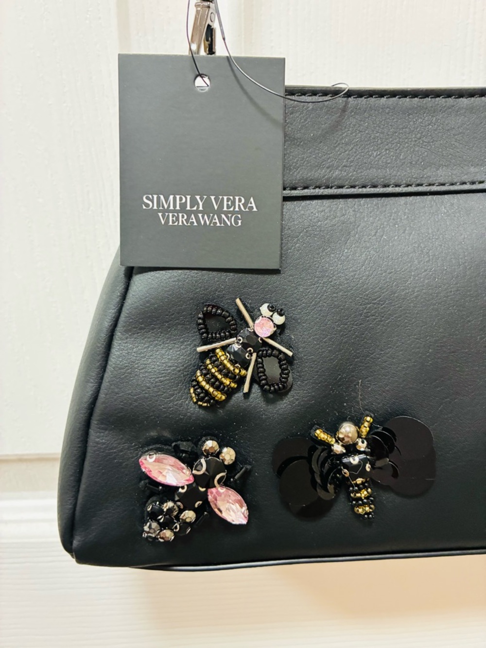 NWT! Simply Vera Black Embellished Bee & Gemstone Clutch with Chain Strap